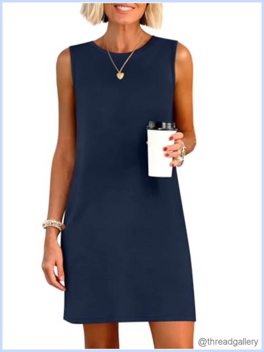 Wrinkle Free Sleeveless Mini Dress Crewneck Side Slit Casual Summer